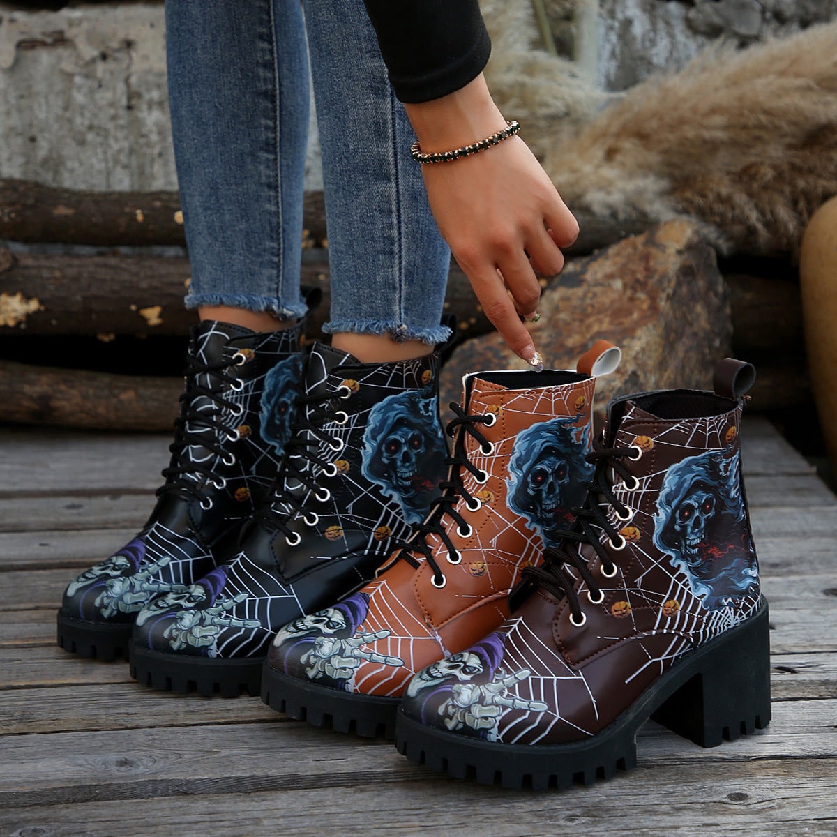 Women's Halloween Heeled Combat Boots with Spiderweb Graphic and Platform Sole - Image 1