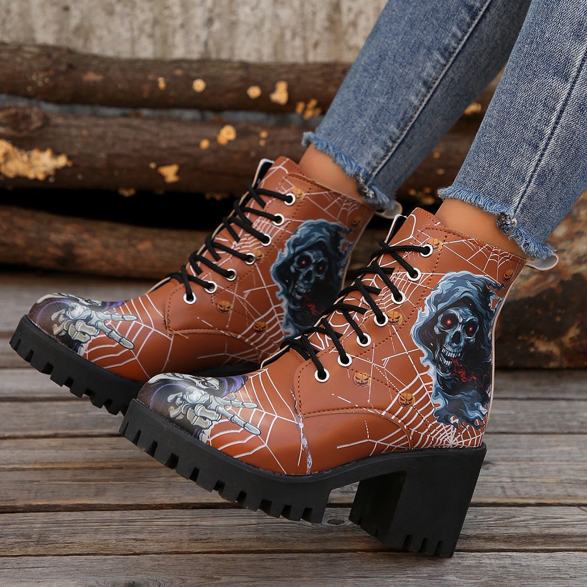Women's Halloween Heeled Combat Boots with Spiderweb Graphic and Platform Sole - Image 2