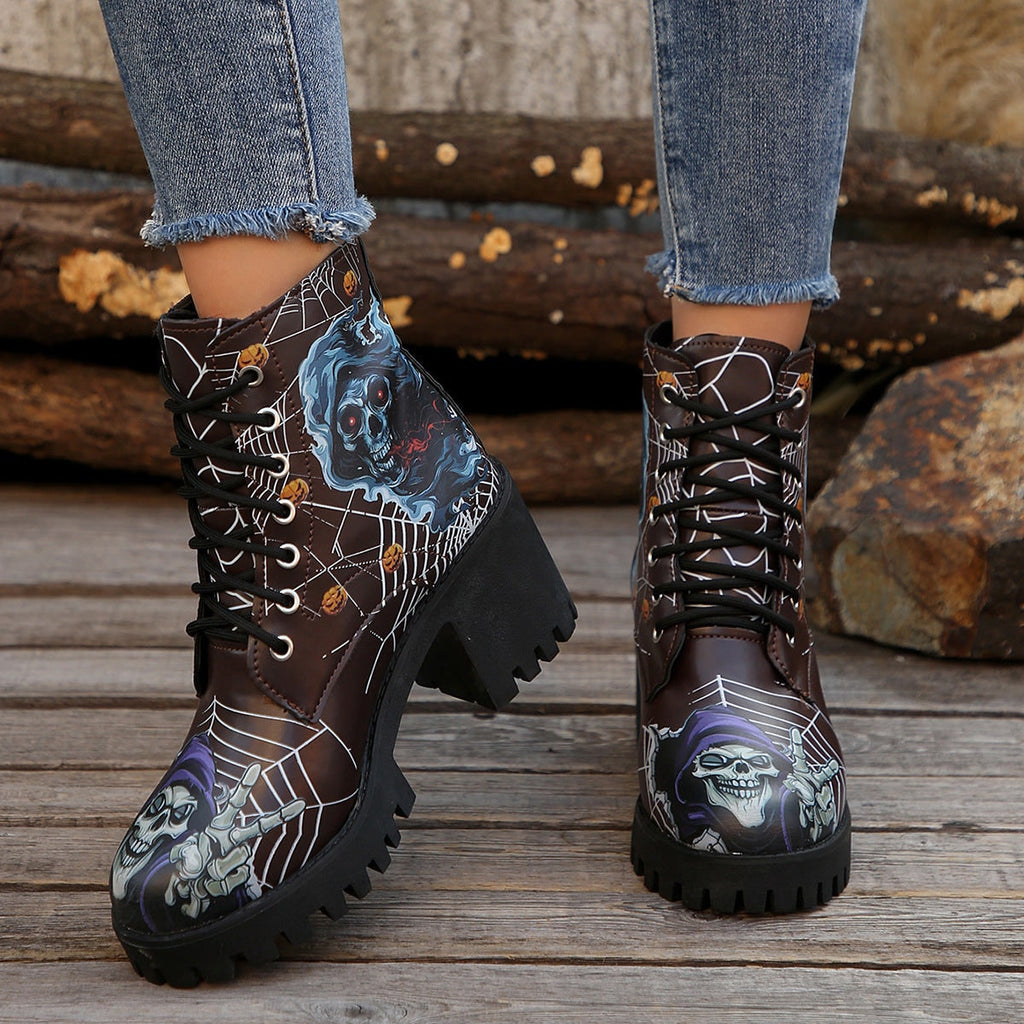 Women's Halloween Heeled Combat Boots with Spiderweb Graphic and Platform Sole - Image 3