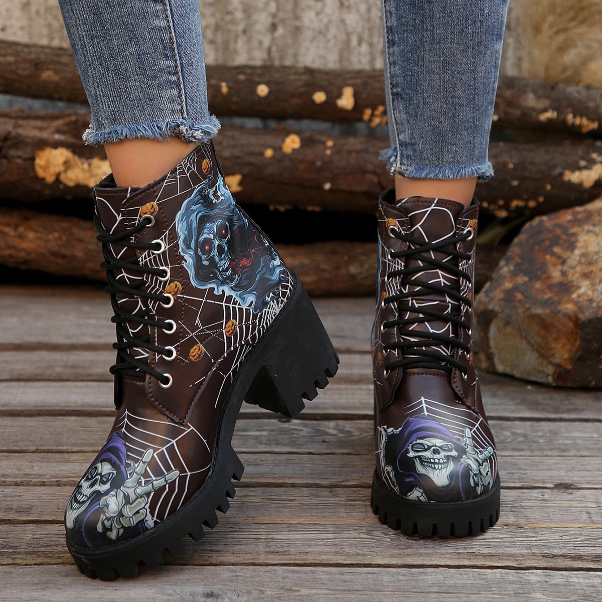 Women's Halloween Heeled Combat Boots with Spiderweb Graphic and Platform Sole - Image 3
