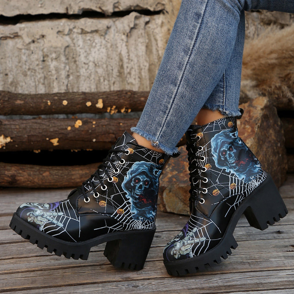 Women's Halloween Heeled Combat Boots with Spiderweb Graphic and Platform Sole - Image 4