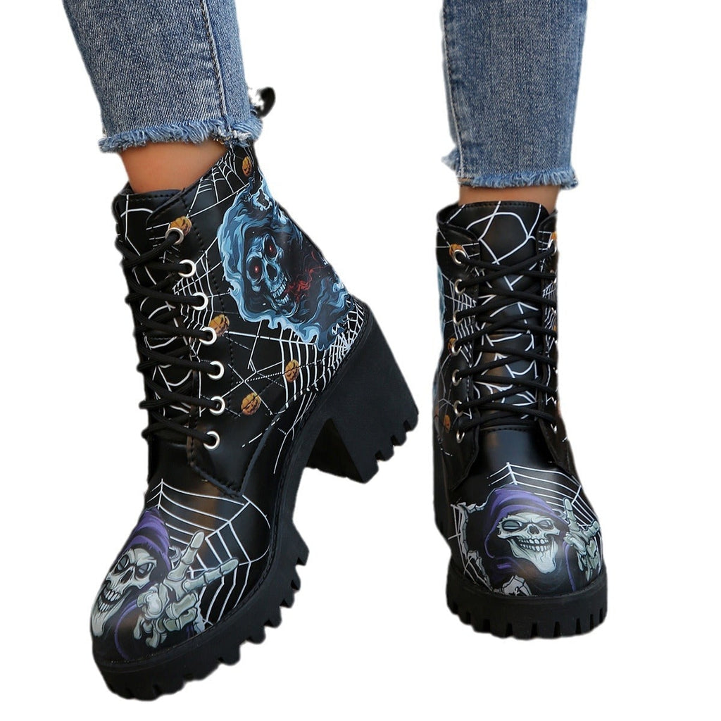 Women's Halloween Heeled Combat Boots with Spiderweb Graphic and Platform Sole - Image 5