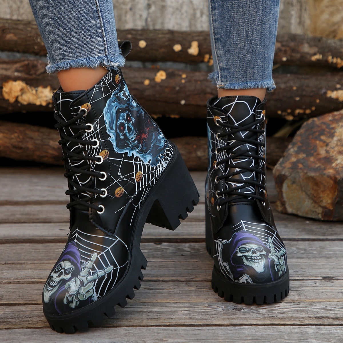 Women's Halloween Heeled Combat Boots with Spiderweb Graphic and Platform Sole - Image 7