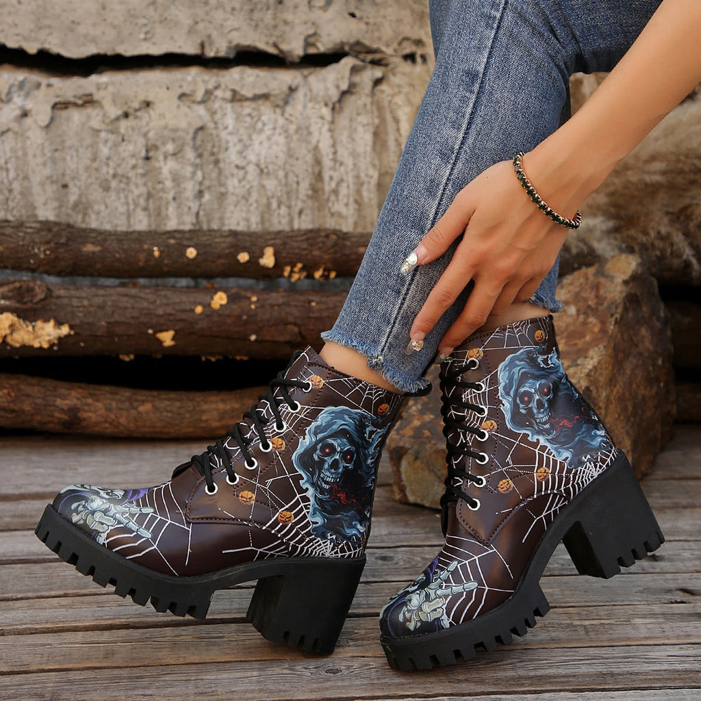 Women's Halloween Heeled Combat Boots with Spiderweb Graphic and Platform Sole - Image 8