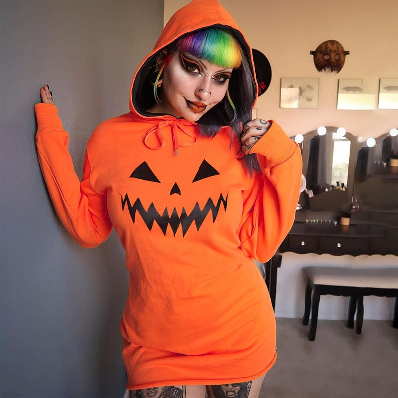 Women's Halloween Hoodie Dress with Jack-O-Lantern Print and Adjustable Drawstring Hood for Party - Image 1