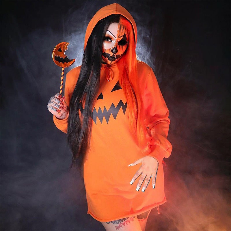 Women's Halloween Hoodie Dress with Jack-O-Lantern Print and Adjustable Drawstring Hood for Party - Image 2