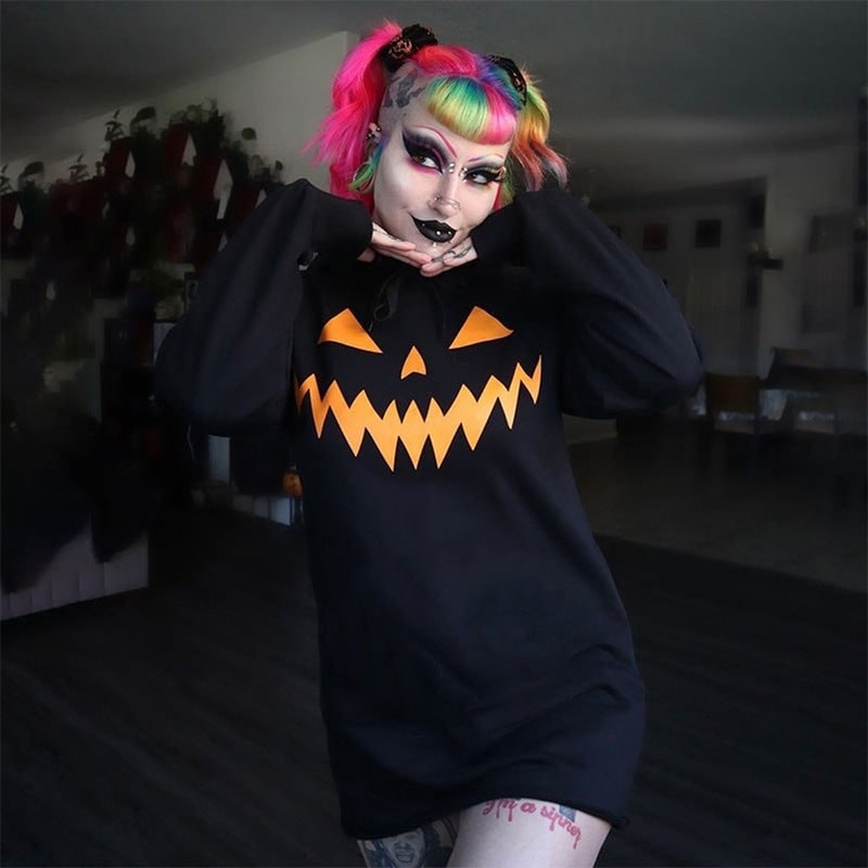 Women's Halloween Hoodie Dress with Jack-O-Lantern Print and Adjustable Drawstring Hood for Party - Image 3