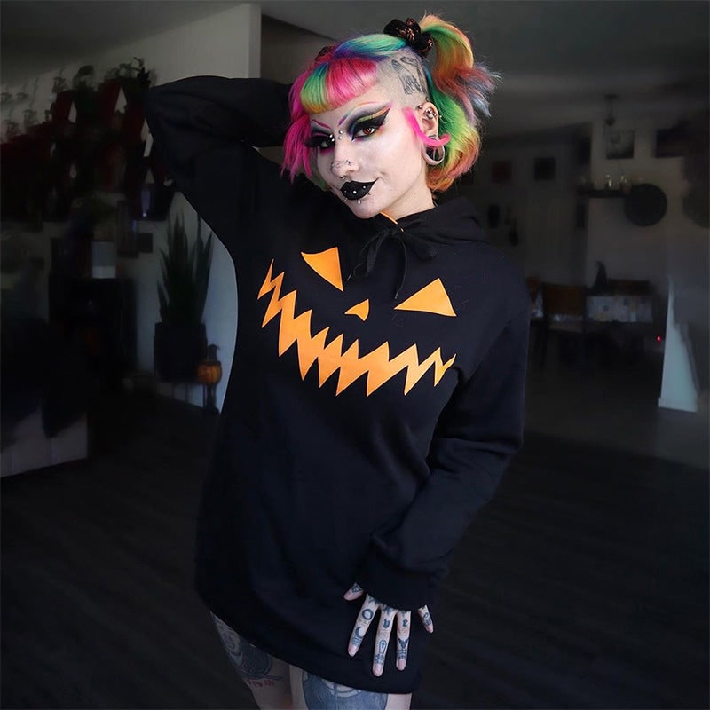 Women's Halloween Hoodie Dress with Jack-O-Lantern Print and Adjustable Drawstring Hood for Party - Image 4