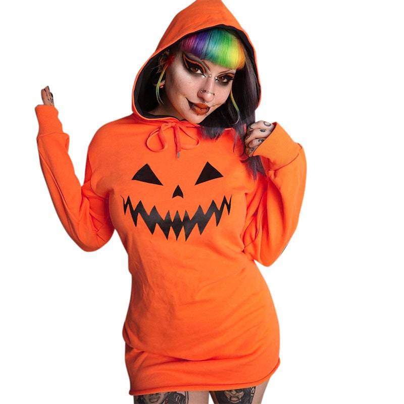 Women's Halloween Hoodie Dress with Jack-O-Lantern Print and Adjustable Drawstring Hood for Party - Image 5