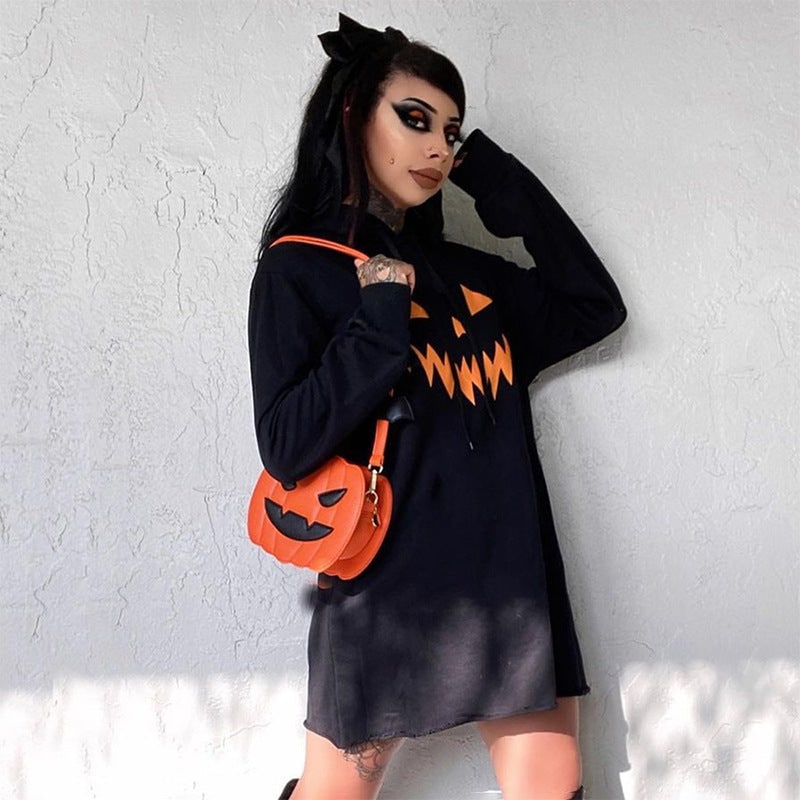 Women's Halloween Hoodie Dress with Jack-O-Lantern Print and Adjustable Drawstring Hood for Party - Image 6