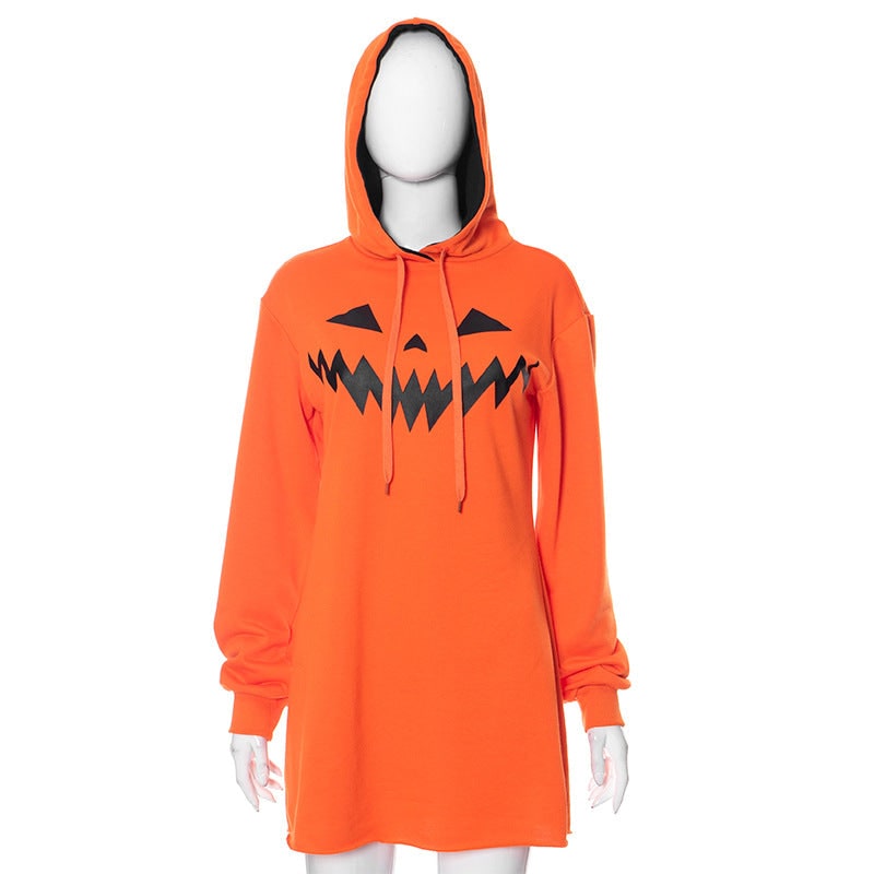Women's Halloween Hoodie Dress with Jack-O-Lantern Print and Adjustable Drawstring Hood for Party - Image 7