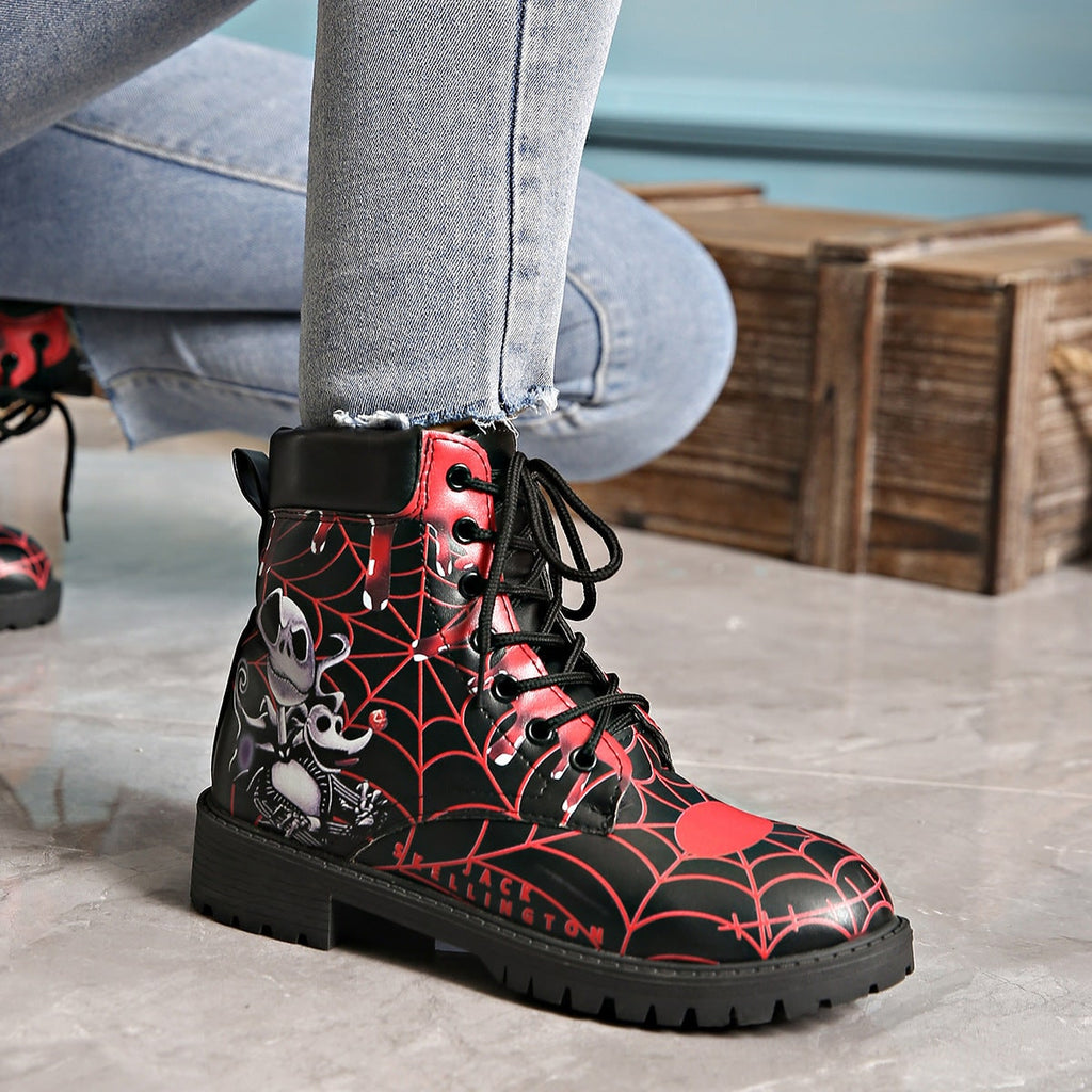 Women's Halloween Lace Up Combat Boots with Black Skeleton Spiderweb Print and Padded Ankle Collar - Image 2