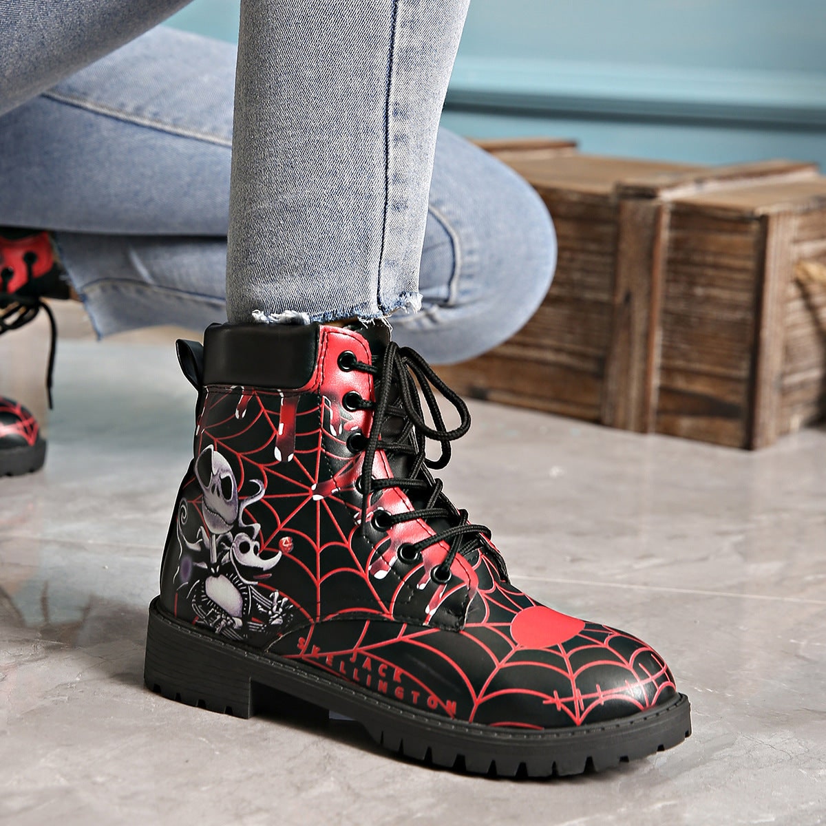 Women's Halloween Lace Up Combat Boots with Black Skeleton Spiderweb Print and Padded Ankle Collar - Image 2