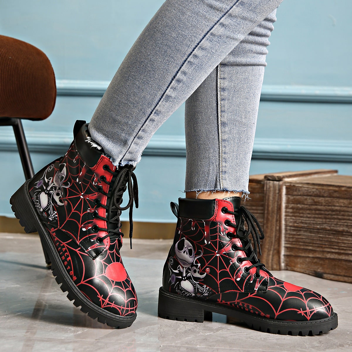 Women's Halloween Lace Up Combat Boots with Black Skeleton Spiderweb Print and Padded Ankle Collar - Image 3