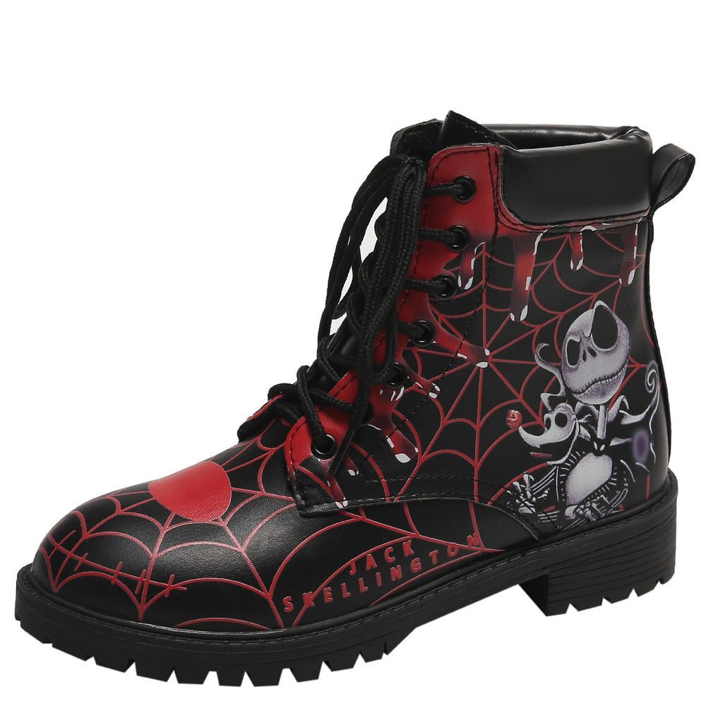 Women's Halloween Lace Up Combat Boots with Black Skeleton Spiderweb Print and Padded Ankle Collar - Image 5