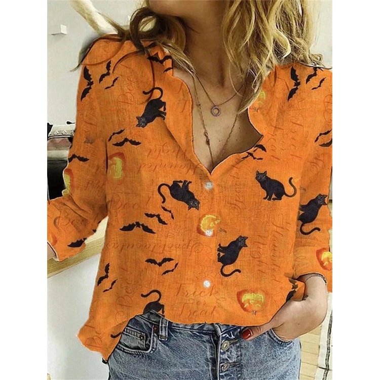 Women's Halloween Long Sleeve Button-Up Shirt with Vintage Print and Linen Texture - Image 1