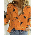Women's Halloween Long Sleeve Button-Up Shirt with Vintage Print and Linen Texture - Image 1