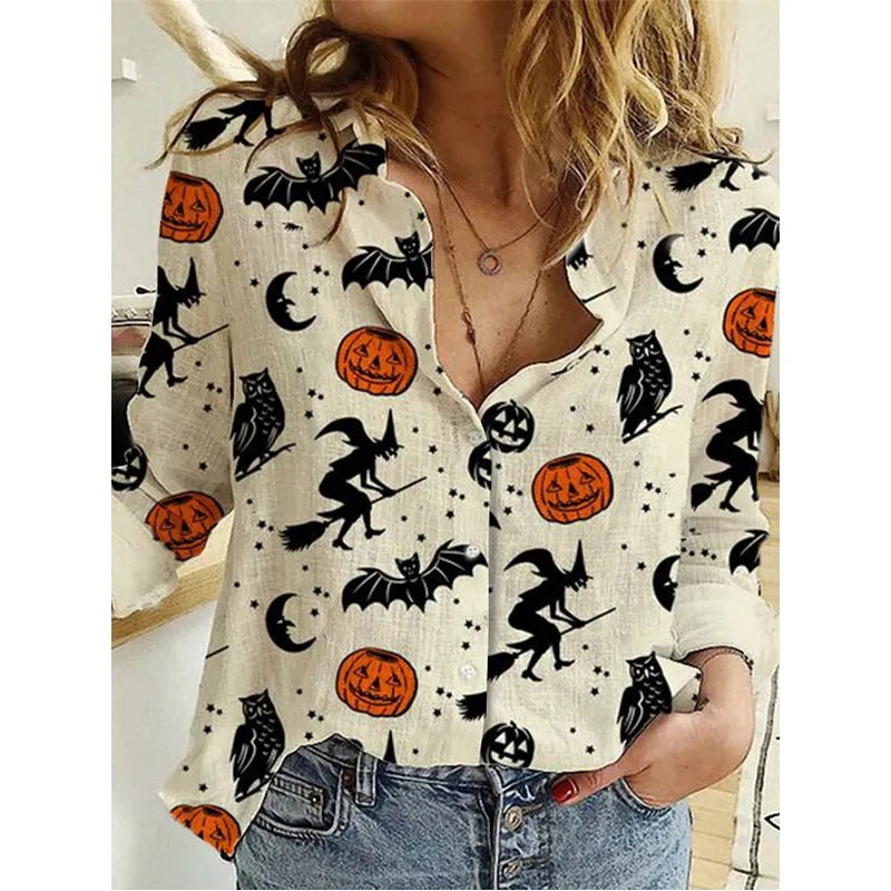 Women's Halloween Long Sleeve Button-Up Shirt with Vintage Print and Linen Texture - Image 2
