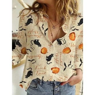 Women's Halloween Long Sleeve Button-Up Shirt with Vintage Print and Linen Texture - Image 3