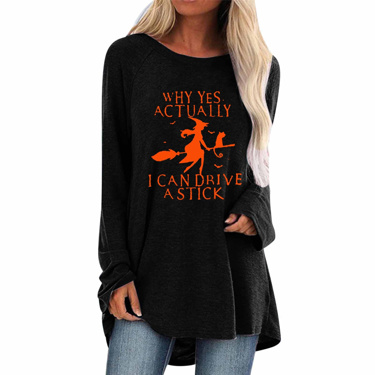 Women's Halloween Long Sleeve Tunic Top with Witch Graphic Print and Raglan Lace - Image 10