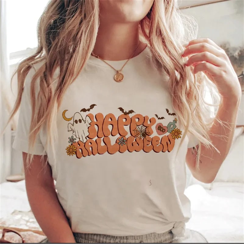 Women's Halloween Oversized Graphic Tee with Retro Pumpkin and Ghost Print - Image 3