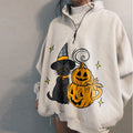 Women's Halloween Oversized Zip Up Sweatshirt with Mock Neck and Black Cat Pumpkin Graphic - Image 4