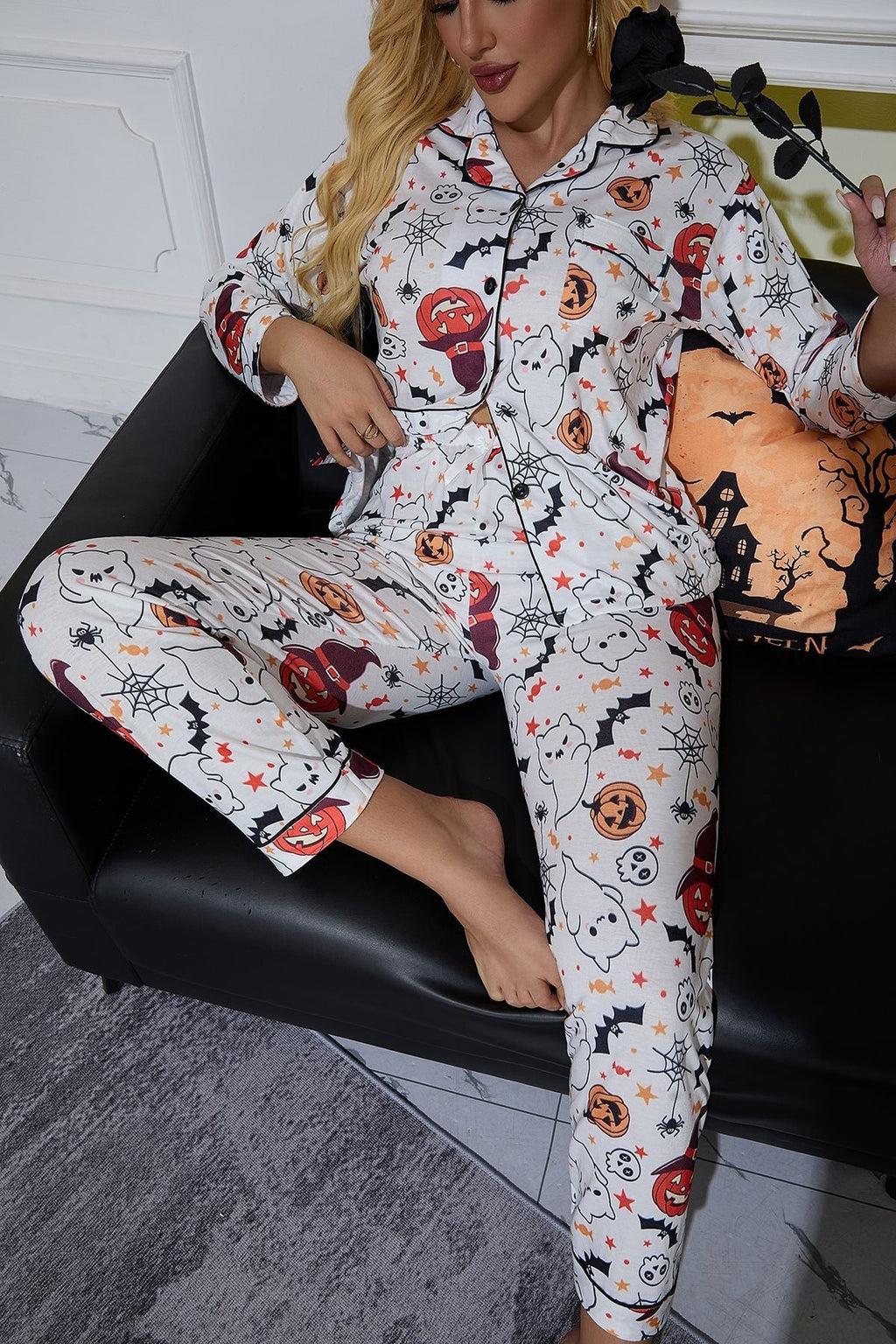 Women's Halloween Pajamas with Cute Ghost and Pumpkin Print Button-Down Cotton Two-Piece Set - Image 5