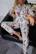 Women's Halloween Pajamas with Cute Ghost and Pumpkin Print Button-Down Cotton Two-Piece Set - Image 5