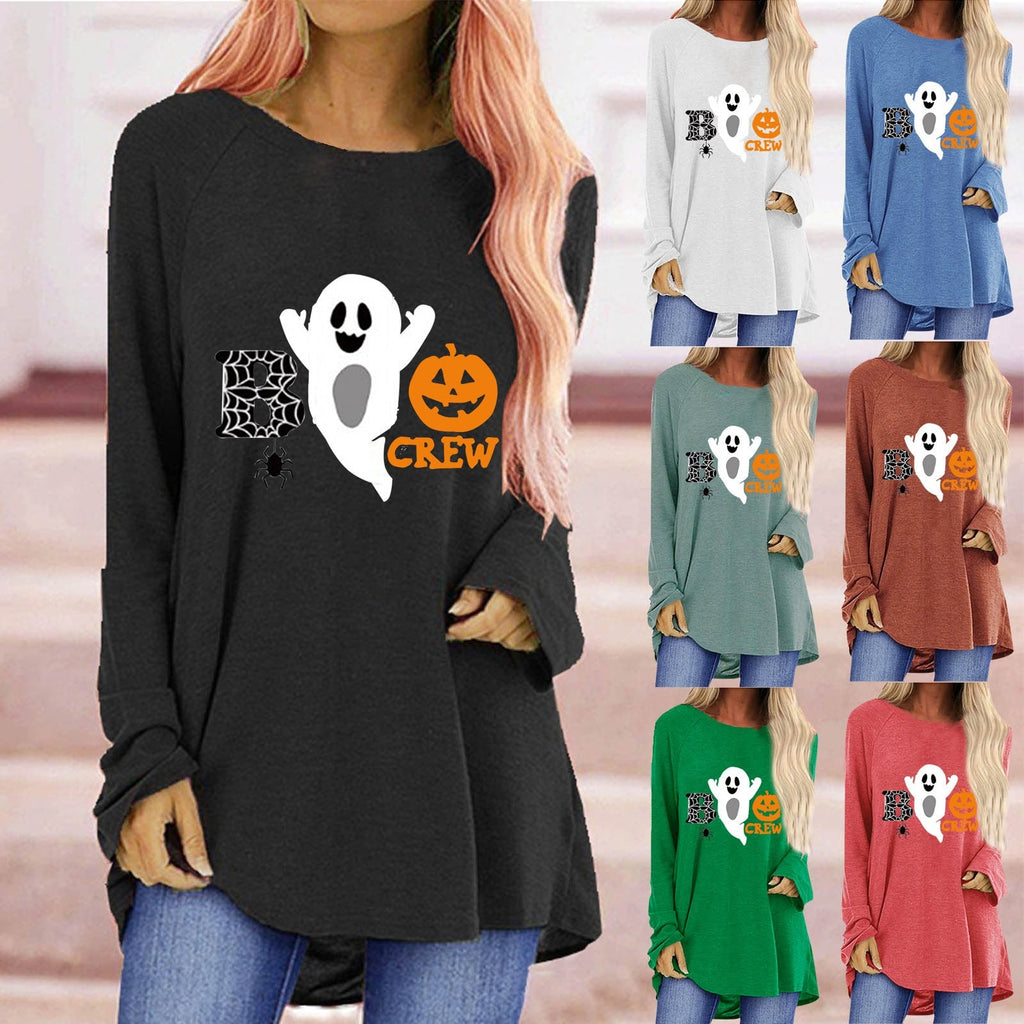 Women's Halloween Shirt Long Sleeve Tunic Top with Ghost and Pumpkin Graphic Print - Image 1
