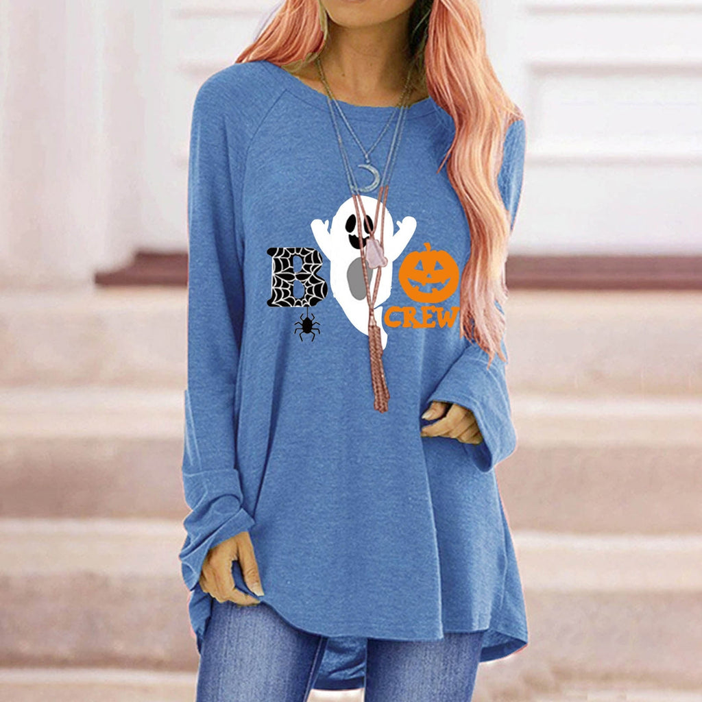 Women's Halloween Shirt Long Sleeve Tunic Top with Ghost and Pumpkin Graphic Print - Image 2