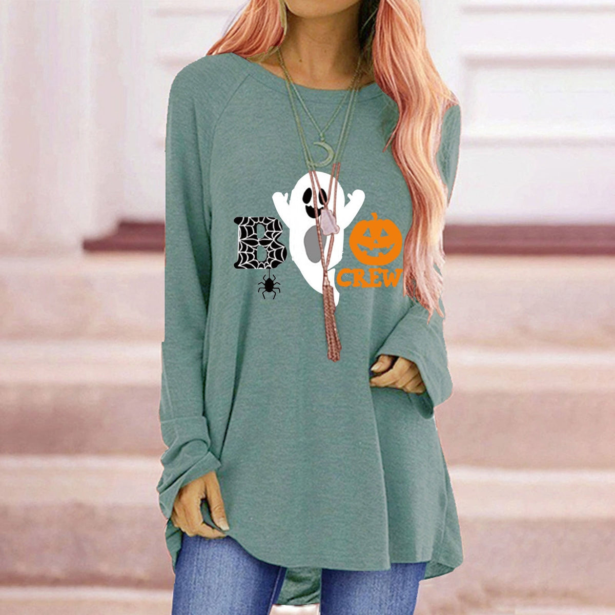 Women's Halloween Shirt Long Sleeve Tunic Top with Ghost and Pumpkin Graphic Print - Image 4