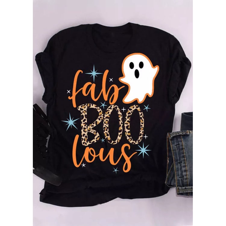 Women's Halloween Shirts Vintage Graphic T-Shirt with Ghost Print and Leopard Lettering - Image 4