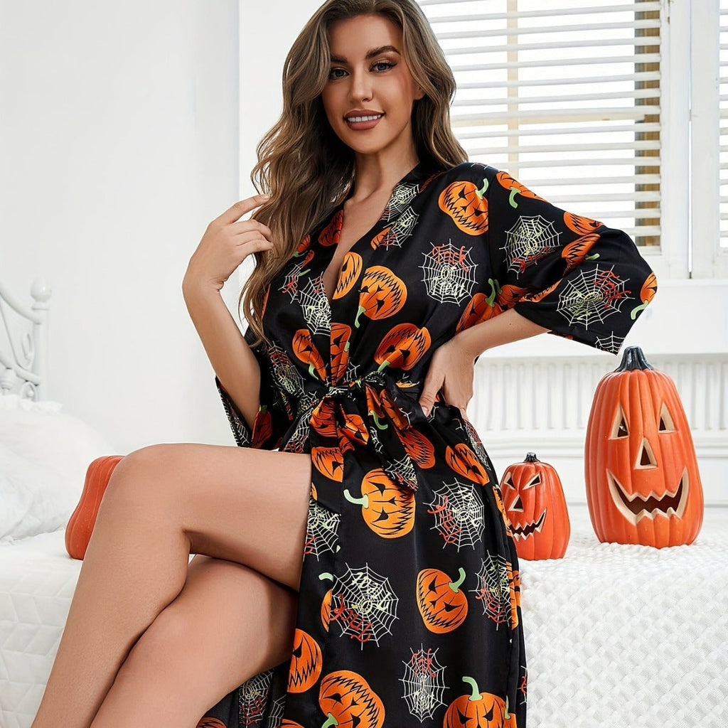 Women's Halloween Silk Kimono Robe with Pumpkin and Spiderweb Print Satin Wrap Belt - Image 1
