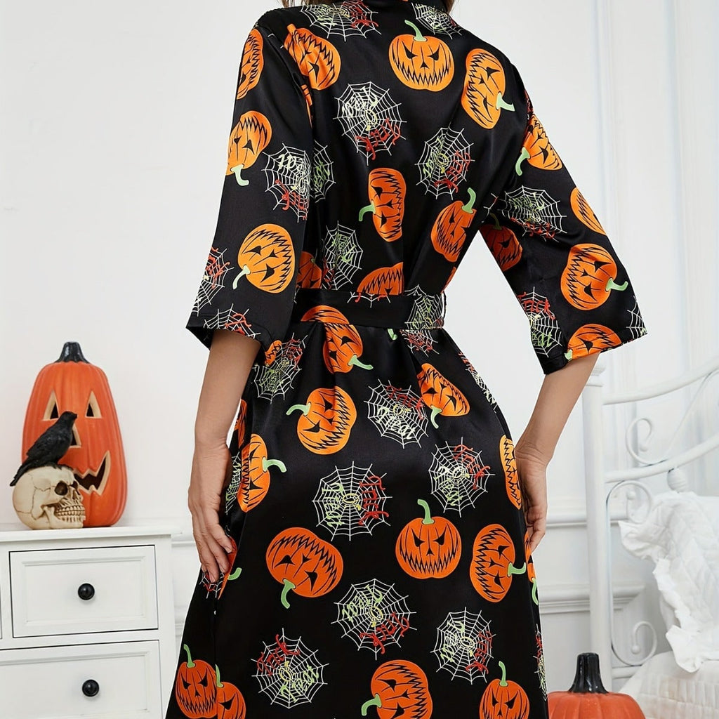 Women's Halloween Silk Kimono Robe with Pumpkin and Spiderweb Print Satin Wrap Belt - Image 3