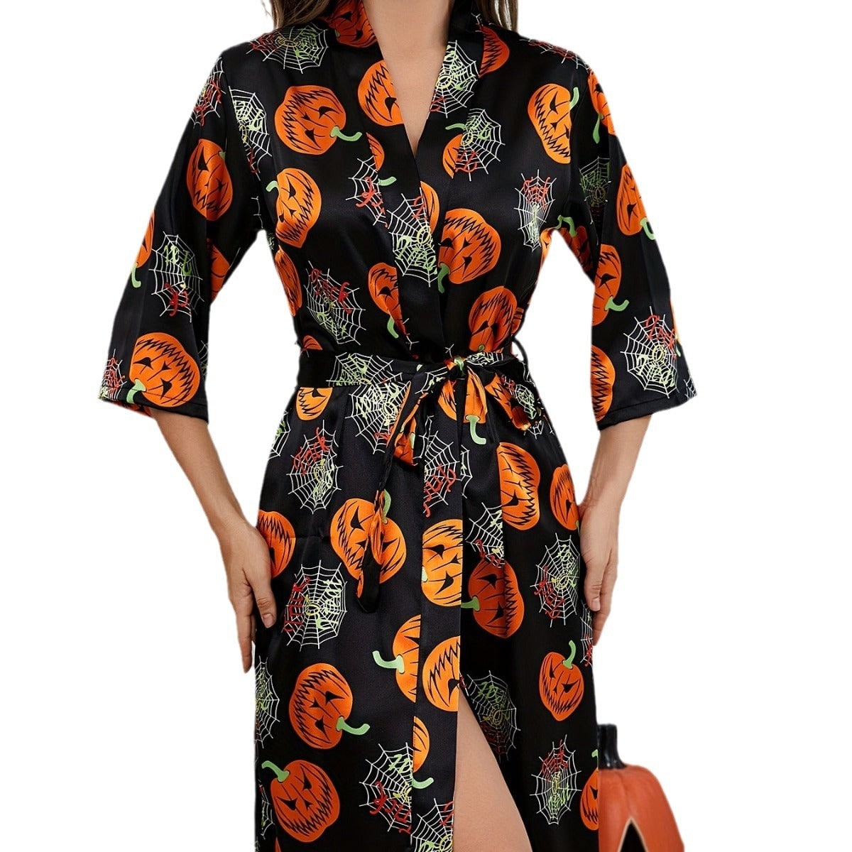Women's Halloween Silk Kimono Robe with Pumpkin and Spiderweb Print Satin Wrap Belt - Image 5