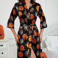 Women's Halloween Silk Kimono Robe with Pumpkin and Spiderweb Print Satin Wrap Belt - Image 6