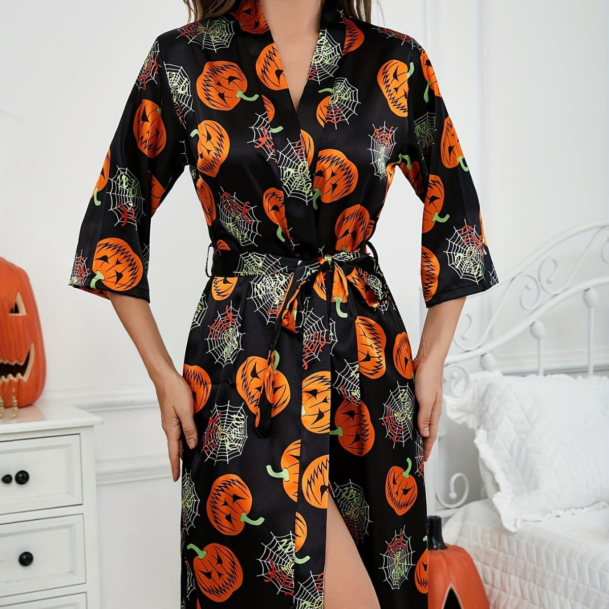 Women's Halloween Silk Kimono Robe with Pumpkin and Spiderweb Print Satin Wrap Belt - Image 6