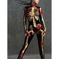 Women's Halloween Skeleton Costume Outfit Long Sleeve Jumpsuit with Rose Print - Image 1