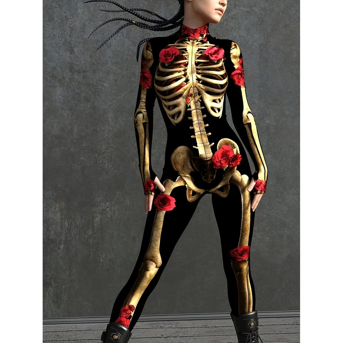 Women's Halloween Skeleton Costume Outfit Long Sleeve Jumpsuit with Rose Print - Image 1