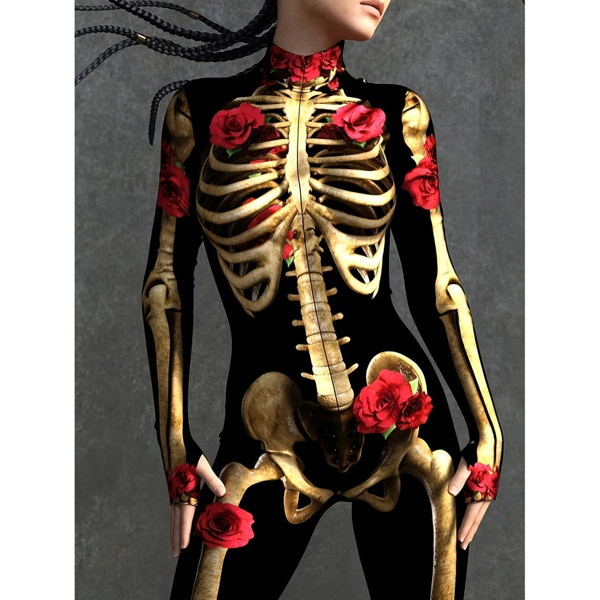 Women's Halloween Skeleton Costume Outfit Long Sleeve Jumpsuit with Rose Print - Image 2