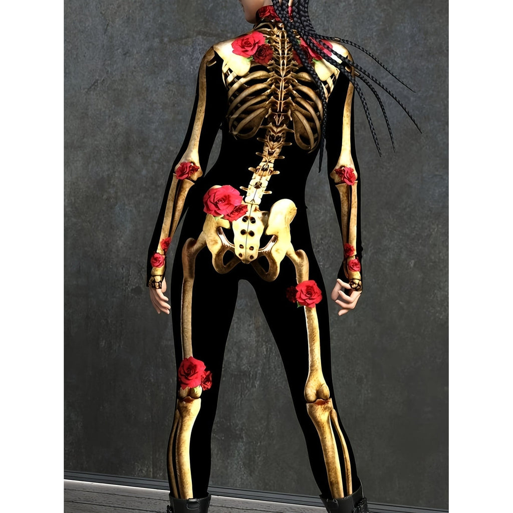 Women's Halloween Skeleton Costume Outfit Long Sleeve Jumpsuit with Rose Print - Image 3