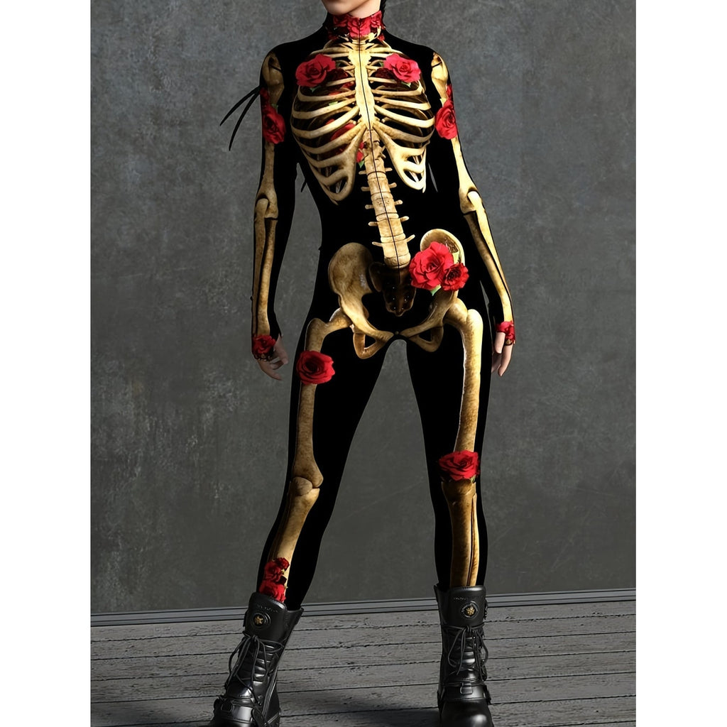 Women's Halloween Skeleton Costume Outfit Long Sleeve Jumpsuit with Rose Print - Image 4
