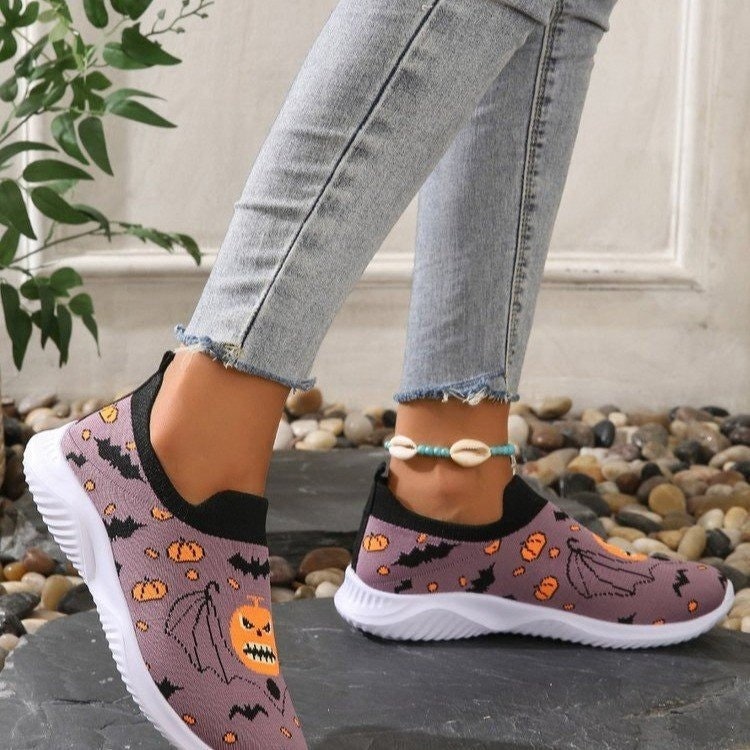 Women's Halloween Slip-On Sneakers with Pumpkin and Bat Pattern Casual Knit - Image 1
