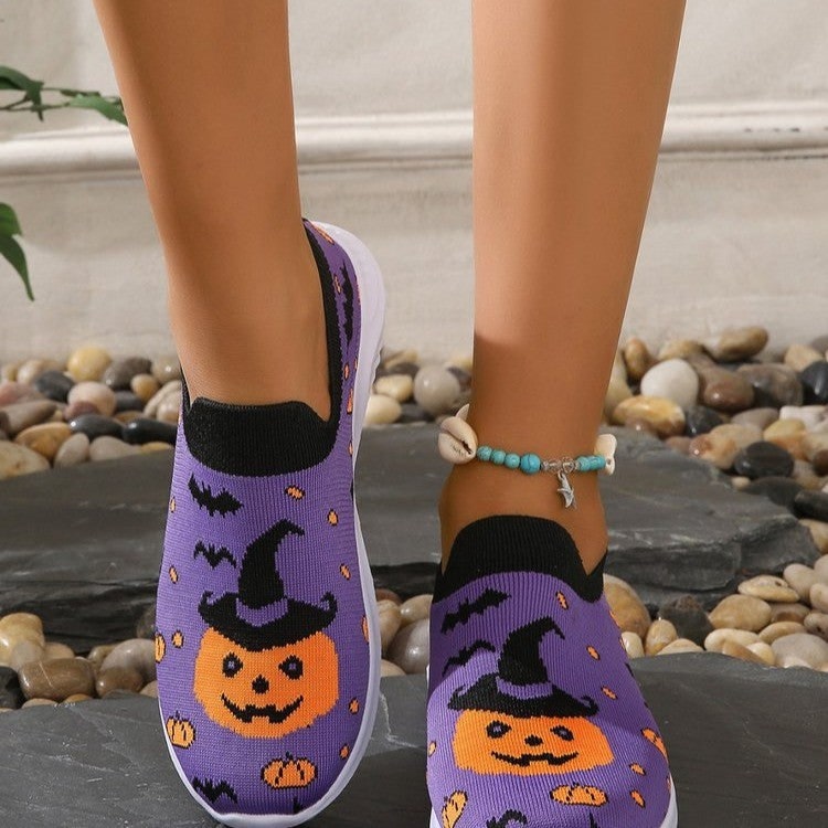 Women's Halloween Slip-On Sneakers with Pumpkin and Bat Pattern Casual Knit - Image 2
