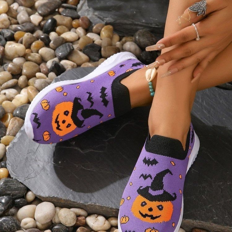 Women's Halloween Slip-On Sneakers with Pumpkin and Bat Pattern Casual Knit - Image 3
