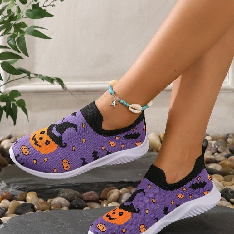 Women's Halloween Slip-On Sneakers with Pumpkin and Bat Pattern Casual Knit - Image 4