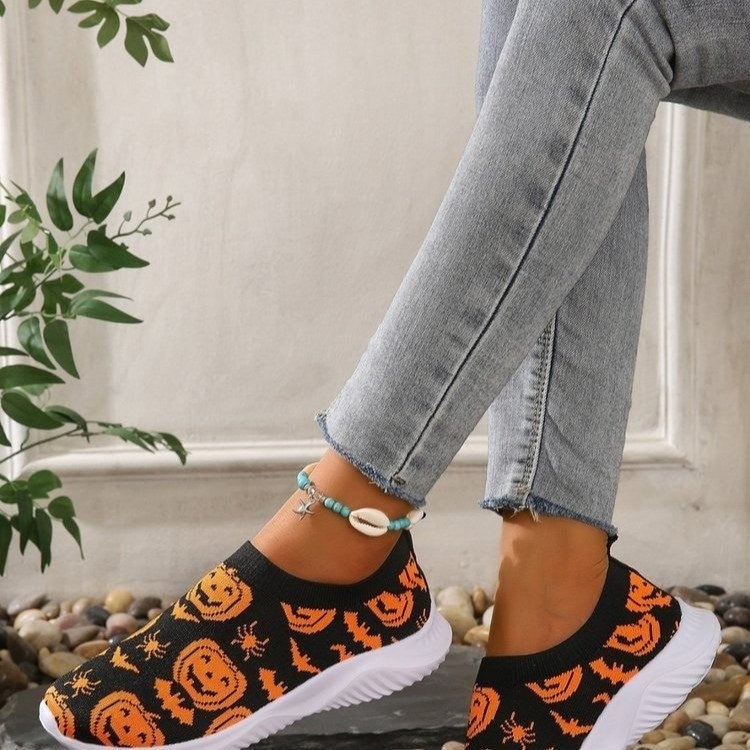 Women's Halloween Slip on Sneakers with Spooky Jack-O-Lantern Pumpkin Bat and Spider Sock Design - Image 1