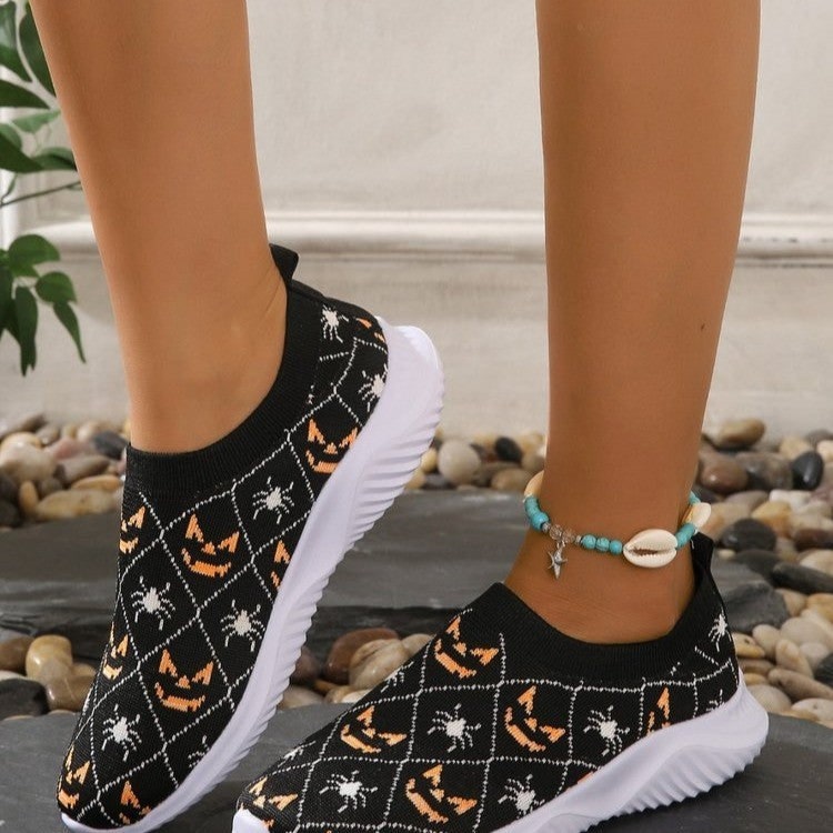 Women's Halloween Slip on Sneakers with Spooky Jack-O-Lantern Pumpkin Bat and Spider Sock Design - Image 2