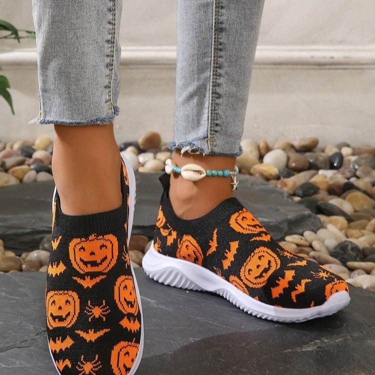 Women's Halloween Slip on Sneakers with Spooky Jack-O-Lantern Pumpkin Bat and Spider Sock Design - Image 3