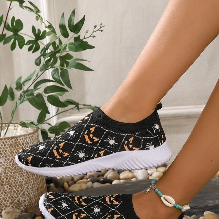 Women's Halloween Slip on Sneakers with Spooky Jack-O-Lantern Pumpkin Bat and Spider Sock Design - Image 4